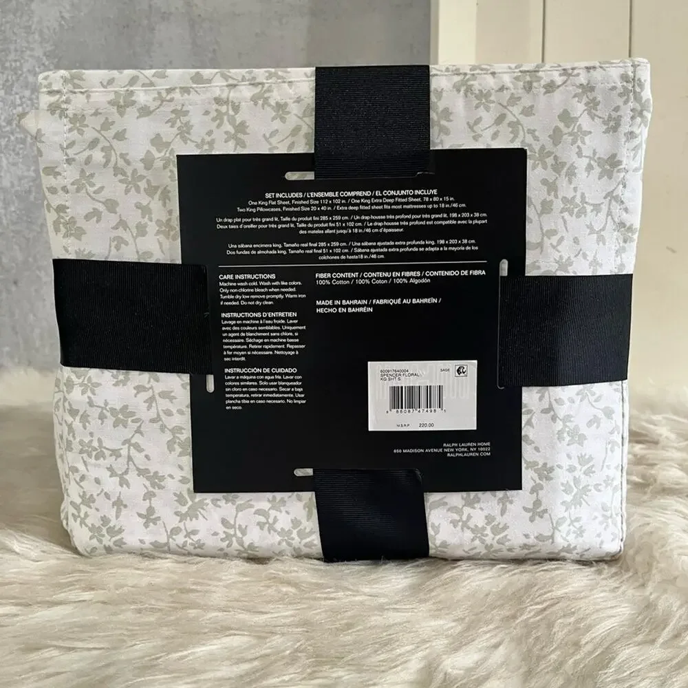 New LRL Ralph Lauren Spencer Floral Sage King Size Cotton Sateen Bedding Sheets